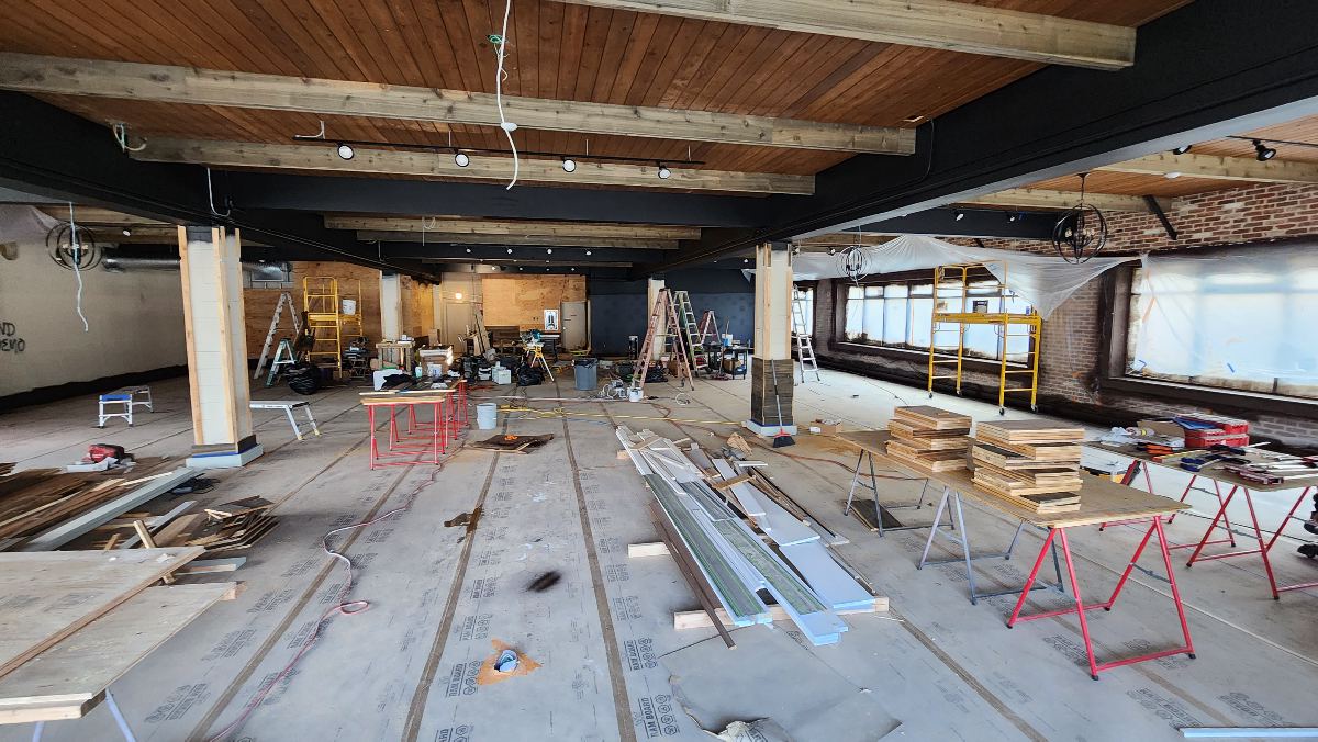 Painted structural details in the commercial gym during renovation