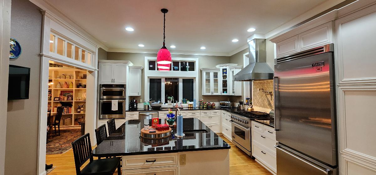 White painted ceiling above a kitchen